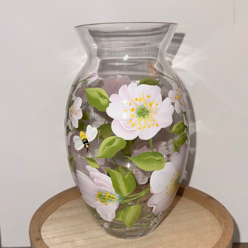 Handcrafted Floral Glass Vase with White and Green Design Heavy & Nice